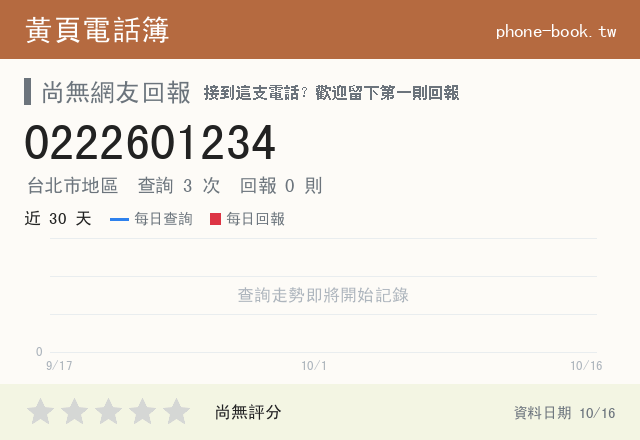 0222601234 評分卡：查詢 3 次、網友回報 0 則