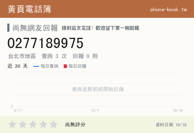 0277189975 評分卡：查詢 3 次、網友回報 0 則