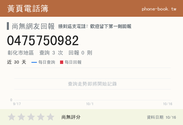 0475750982 評分卡：查詢 3 次、網友回報 0 則